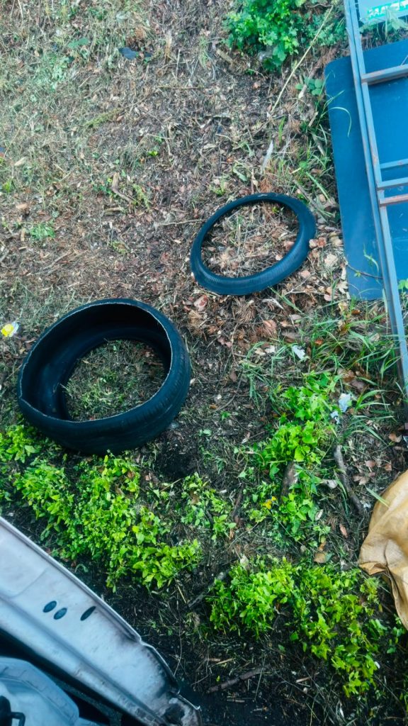 Shredded remains of a blowout tyre after an emergency replacement on the M5 near Birmingham.