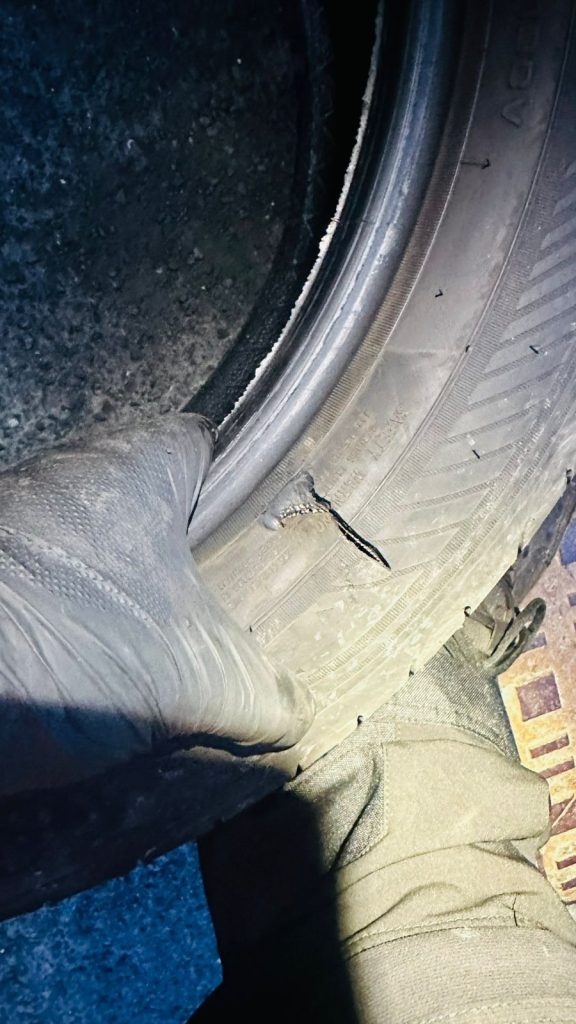 Close-up of a cut in a tyre requiring professional replacement in Walsall.